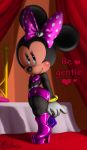  angelauxes anthro bed bedroom_eyes bottomwear bow clothing condom disney female flat_chested footwear half-closed_eyes high_heeled_boots high_heels looking_at_viewer mammal minnie_mouse mouse murid murine rodent seductive shoes short_stack shorts solo thick_thighs 