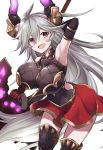  ahoge arm_up armor armored_dress armpits axe bangs battle_axe breasts clenched_hand collar draph energy granblue_fantasy grey_hair highres horns huge_breasts kokutou_nikke long_hair open_mouth orange_eyes polearm red_skirt skirt smile thalatha_(granblue_fantasy) very_long_hair weapon wristband 