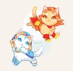  :3 amber_eyes blonde_hair blue_clothing cape clothing domestic_cat dota duo felid feline felis female feral feralized fire fur hair justduet lina_the_slayer mammal orange_hair red_clothing rylai_the_crystal_maiden simple_background tan_fur video_games white_fur 
