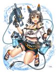  1girl anklet bangs bare_shoulders breasts brown_eyes choker cleavage eyebrows_visible_through_hair full_body gia gloves grey_hair gun hair_between_eyes hair_ornament hairclip headgear highres holding holding_gun holding_weapon jewelry looking_at_viewer medium_breasts midriff open_mouth original sandals short_hair shorts signature solo thigh_strap trigger_discipline water weapon white_background 