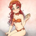  1girl bikini blush chiaki_rakutarou curly_hair dragon_quest dragon_quest_vii eyebrows_visible_through_hair food green_eyes highres holding holding_food long_hair maribel_(dq7) navel red_hair sandwich side-tie_bikini simple_background sitting sitting_on_lap sitting_on_person solo swimsuit 