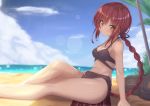  1girl bag bangs bare_arms bare_legs bare_shoulders beach bikini black_ribbon blue_sky blurry blurry_background braid breasts brown_bikini brown_eyes brown_hair character_request cleavage cloud commentary_request day depth_of_field eyebrows_visible_through_hair hachigatsu_no_cinderella_nine hair_between_eyes hair_ornament hair_ribbon hairclip halter_top halterneck horizon long_hair medium_breasts navel ocean outdoors ribbon sand single_braid sitting sky solo sweat swimsuit very_long_hair water yukichin 