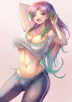  1girl armpits arms_behind_head arms_up bangs bare_shoulders blush breasts cleavage collarbone crop_top crop_top_overhang green_hair highres large_breasts long_hair looking_at_viewer multicolored_hair navel ohako_(ohako1818) one_eye_closed open_mouth original pants parted_bangs pink_hair shirt simple_background solo sweatpants thighs two-tone_hair white_shirt 