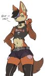  2019 5_fingers absurd_res anthro artbyyellowdog belt black_nose bottomwear bulge canid canine canis claws clothed clothing collar crop_top dialogue ear_piercing english_text eyebrow_piercing facial_piercing fishnet_armwear front_view fur girly goth hair hair_over_eye hand_on_hip hi_res jackal legwear makeup male mammal mascara midriff navel piercing rubber shirt shorts solo standing text thigh_highs topwear torn_clothing yellow_eyes 