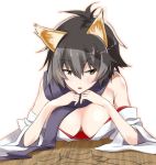  1girl animal_ears arm_support bare_shoulders black_hair breasts character_request chin_rest cleavage fox_ears large_breasts off_shoulder scarf solo strike_witches white_background wide_sleeves world_witches_series yuzuyoukan 