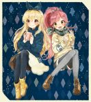  2girls :d aikatsu! aikatsu!_(series) bangs black_legwear blonde_hair blue_sweater blush boots border bow brown_eyes closed_mouth cross-laced_footwear cup diamond_(shape) green_shorts grey_legwear hair_between_eyes hair_bow hairband holding holding_cup hoshimiya_ichigo koedo lace-up_boots long_hair looking_at_viewer multiple_girls open_mouth otoshiro_seira ponytail red_eyes red_hair ribbed_legwear ribbed_sweater scarf shorts sitting skirt smile star sweater swept_bangs thighhighs yellow_skirt yellow_sweater 