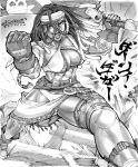  1girl 2019 abs absurdres belt boots breasts cleavage commentary criss-cross_halter dark_skin darli_dagger english_commentary fighting_stance fingerless_gloves foreshortening gloves greyscale hairlocs halterneck headband highres holding holding_weapon huge_weapon joe_shimamura lips long_hair medium_breasts monochrome multiple_belts muscle over_shoulder samurai_spirits sarong saw signature solo thick_thighs thighs very_dark_skin weapon weapon_over_shoulder 