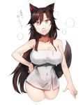  1girl animal_ear_fluff animal_ears bangs bare_arms bare_shoulders blush breasts brown_hair cleavage collarbone commentary_request covered_navel cowboy_shot cropped_legs eyebrows_visible_through_hair fang flying_sweatdrops hair_between_eyes hand_on_hip imaizumi_kagerou kasuka_(kusuki) large_breasts long_hair looking_at_viewer naked_towel open_mouth red_eyes sidelocks simple_background skin_fang slit_pupils solo standing sweat tail thighs touhou towel translation_request very_long_hair white_background wolf_ears wolf_tail 