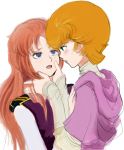  2girls audrey_burne blush brown_hair commentary_request gacha-m green_eyes gundam gundam_unicorn long_hair marida_cruz military military_uniform mineva_lao_zabi multiple_girls open_mouth orange_hair red_hair short_hair simple_background uniform white_background yuri 