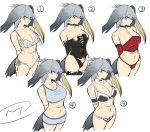  1girl arms_behind_back black_bra blonde_hair boyshorts bra breasts brown_hair cleavage cropped_legs detached_collar elbow_gloves gloves grey_bra grey_hair happa_(cloverppd) kemono_friends large_breasts lingerie looking_at_viewer multicolored_hair multiple_views navel panties shoebill_(kemono_friends) side-tie_panties solo sports_bra thighhighs thighs underwear white_background wristband 