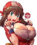  1girl amania_orz bandana blush breasts brown_hair cleavage fingerless_gloves gloves green_eyes haruka_(pokemon) highres large_breasts looking_at_viewer pokemon pokemon_(game) pokemon_rse solo 