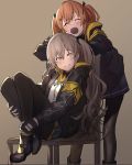  2girls armband black_footwear black_gloves black_jacket black_legwear brown_hair chair closed_eyes closed_mouth commentary_request fingerless_gloves girls_frontline gloves grey_hair hair_between_eyes hair_ornament hairclip highres jacket long_hair multiple_girls open_mouth pantyhose pleated_skirt scar scar_across_eye sitting skirt twintails ump45_(girls_frontline) ump9_(girls_frontline) yellow_eyes yusuke_gg 