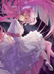  1girl breasts choker dot_nose dress eyebrows_visible_through_hair floating floating_hair frilled_dress frilled_sleeves frills gloves hair_ribbon hand_on_own_chest head_tilt high_heels highres kaname_madoka light_particles long_dress long_hair mahou_shoujo_madoka_magica pink_hair pink_legwear pink_neckwear ribbon sky small_breasts solo soul_gem star_(sky) starry_sky thighhighs ultimate_madoka very_long_hair wataru_kuri white_dress white_footwear white_gloves white_ribbon wide_sleeves yellow_eyes 