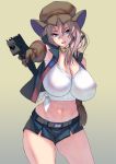  1girl bangs belt blonde_hair blue_eyes breasts choker cleavage cowboy_shot gloves gradient gradient_background gun hair_between_eyes hat highres huge_breasts long_hair looking_at_viewer mac-11 masao midriff navel open_mouth original outstretched_arm short_shorts shorts solo submachine_gun weapon 