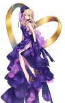  1girl aura blonde_hair blue_eyes breasts dress full_body gloves hair_ornament hair_ribbon highres long_hair looking_at_viewer macross macross_frontier medium_breasts purple_dress purple_footwear purple_gloves purple_ribbon ribbon sheryl_nome shimatani_azu side_slit sideboob simple_background sleeveless sleeveless_dress smile solo white_background yellow_ribbon 