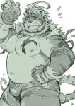  2019 96nezumi12 anthro belly bottomwear bulge clothing felid hombretigre humanoid_hands male mammal moobs navel nipples one_eye_closed overweight overweight_male pantherine shorts solo teeth tiger tokyo_afterschool_summoners video_games wink 