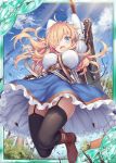  1girl :d akkijin belt blonde_hair blue_eyes boots breasts card_(medium) dress eyebrows_visible_through_hair house huge_weapon jumping large_breasts multicolored multicolored_clothes multicolored_dress official_art one_eye_covered open_mouth outdoors shinkai_no_valkyrie smile sword thighhighs weapon windmill 