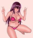  1girl akira_(yuibnm71) barefoot bikini blush breasts cleavage collarbone double_v fate/grand_order fate_(series) graphite_(medium) highres large_breasts looking_at_viewer navel open_mouth pink_background pink_bikini purple_bikini purple_hair red_eyes scathach_(fate)_(all) scathach_(swimsuit_assassin)_(fate) simple_background solo squatting swimsuit thighs traditional_media v 