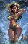  2019 absurdres bikini black_hair breasts brown_eyes collarbone cutesexyrobutts dark_skin electricity green_bikini highres huge_filesize large_breasts laura_matsuda light_smile long_hair looking_at_viewer paid_reward palm_tree parted_lips patreon_reward shadow signature slingshot_swimsuit smile street_fighter street_fighter_v sunlight swimsuit thick_thighs thighs tree underboob wide_hips 