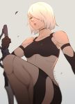  1girl android armlet black_gloves black_shorts black_tank_top breasts elbow_gloves english_commentary gloves hair_over_one_eye highres holding holding_sword holding_weapon koyorin medium_breasts midriff mole mole_under_mouth nier_(series) nier_automata parted_lips pink_lips robot_joints short_hair short_shorts shorts silver_hair simple_background sword tank_top weapon yorha_type_a_no._2 