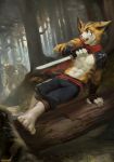  2019 anthro athletic black_stripes chasing chunie clothed clothing detailed_background digital_media_(artwork) domestic_cat felid feline felis forest fur glowing glowing_eyes green_eyes group hi_res male mammal melee_weapon navel open_mouth orange_fur solo_focus stripes sword topless tree vaulting weapon white_fur 