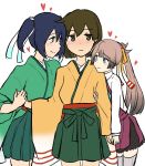  3girls aqua_neckwear bangs blue_eyes blue_hair blush brown_eyes brown_hair closed_mouth collared_shirt commentary dress eyebrows_visible_through_hair furisode green_eyes green_hakama green_kimono grey_legwear hair_between_eyes hair_ribbon hakama hakama_skirt heart hip_vent hiryuu_(kantai_collection) holding_hands iwana japanese_clothes jitome kantai_collection kazagumo_(kantai_collection) kimono light_brown_hair long_hair long_sleeves multiple_girls necktie orange_kimono orange_ribbon pleated_skirt ponytail purple_dress ribbon shirt short_hair simple_background skirt sleeveless sleeveless_dress smile souryuu_(kantai_collection) thighhighs twintails wavy_mouth white_background white_ribbon white_shirt wide_sleeves 