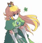  1girl alternate_color bangs blonde_hair blue_eyes breasts brooch closed_mouth clover crown dress earrings elbow_gloves eyebrows_visible_through_hair floating_hair four-leaf_clover gem gloves green_dress hair_between_eyes jewelry long_hair mario_(series) medium_breasts misowhite princess princess_peach puffy_short_sleeves puffy_sleeves short_sleeves smile solo super_smash_bros. white_gloves 