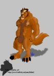  2019 abs absurd_res anthro beast_(disney) beauty_and_the_beast biceps big_muscles blue_eyes brown_fur chest_fur claws digital_media_(artwork) digitigrade disney fallbeil fur hi_res horn male mane monster muscular muscular_male nipples nude pubes simple_background solo standing 