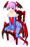  1girl animal animal_print bangs bare_shoulders bat bat_print blush body_blush breasts bridal_gauntlets chair demon_girl head_wings high_heels iwasi-r leotard lilith_aensland looking_at_viewer low_wings pantyhose print_legwear purple_eyes purple_hair red_footwear red_leotard short_hair simple_background sitting small_breasts smile solo succubus vampire_(game) white_background wings 