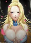  1girl ;p armlet bare_shoulders blonde_hair blue_dress blue_eyes blush breasts cleavage cleavage_reach deep_skin detached_collar dress earrings forehead freckles humanization jewelry large_breasts long_hair looking_at_viewer lulu-chan92 one_eye_closed petals ribbed_dress ringed_eyes rwby salem_(rwby) solo strapless strapless_dress tongue tongue_out updo 