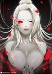  1girl ;p bare_shoulders black_dress black_sclera blush breasts cleavage cleavage_reach collarbone deep_skin dress floating_hair forehead glowing glowing_eye large_breasts long_hair looking_at_viewer lulu-chan92 one_eye_closed petals red_eyes ringed_eyes rwby salem_(rwby) solo strapless strapless_dress tongue tongue_out updo white_hair white_skin 