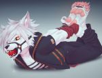  4_toes absurd_res anthro ball_gag bdsm bondage bound canid canine canis clothed clothing drooling fully_clothed fur gag hair hi_res looking_at_viewer male mammal pawpads puffypinkpaws saliva solo toes toes_tied white_fur white_hair wolf 