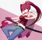  1girl bangs blue_pants breasts camisole cleavage closed_mouth collarbone eyebrows_visible_through_hair hair_intakes hair_ribbon katana medium_breasts open_fly pants ponytail purple_hair red_eyes ribbon sheath sheathed smile solo suta_(clusta) sword under_night_in-birth v-shaped_eyebrows weapon white_ribbon yuzuriha_(under_night_in-birth) 