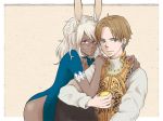  1boy 1girl animal_ears armor aurum_(heyyou) balflear ball brown_hair bunny_ears closed_mouth commentary_request cosplay dark_skin earrings final_fantasy final_fantasy_xii jewelry long_hair looking_at_viewer simple_background tennis_ball viera white_hair 
