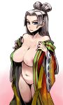  1girl blue_eyes breasts curvy dragon_quest dragon_quest_xi grey_hair highres japanese_clothes kimono large_breasts long_hair looking_at_viewer misonou_hirokichi navel nima_daishi nipples open_clothes open_robe robe solo stomach sweat 