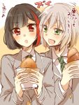  2girls :d :o aoba_moca bang_dream! black_hair blazer blush bob_cut bread collared_shirt food green_eyes green_neckwear grey_hair grey_jacket haneoka_school_uniform holding holding_food jacket long_sleeves mitake_ran multicolored_hair multiple_girls necktie open_mouth red_eyes red_hair school_uniform shirt short_hair smile streaked_hair sweatdrop translation_request upper_body white_shirt zawameki 