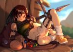  1girl arm_guards armor bag blurry blurry_background breasts brown_eyes brown_gloves brown_hair commentary dusk english_commentary final_fantasy final_fantasy_vii fingerless_gloves forehead_protector full_body gloves green_sweater hand_on_leg headband holding holding_bag knee_up leg_warmers looking_down lying materia medium_breasts midriff mountain navel ninja on_side open_fly outdoors ribbed_sweater shade shoes short_hair shorts shoulder_armor shuriken single_bare_shoulder single_sleeve sky sleeveless sleeveless_turtleneck smile sneakers solo spread_legs stomach sunlight sweater thighs turtleneck typo_(requiemdusk) unzipped weapon white_legwear white_shorts yellow_footwear yuffie_kisaragi 