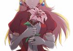  1girl alternate_color blonde_hair breasts brooch closed_mouth crying dress earrings eyebrows_visible_through_hair flower gloves head_out_of_frame holding holding_flower jewelry leaf lily_(flower) long_hair mario_(series) medium_breasts misowhite pink_flower princess princess_peach puffy_short_sleeves puffy_sleeves red_dress ring short_sleeves simple_background solo streaming_tears super_smash_bros. tears white_background white_gloves 