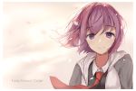  1girl black_shirt closed_mouth copyright_name fate/grand_order fate_(series) grey_sleeves hair_between_eyes highres jacket looking_at_viewer mash_kyrielight necktie pink_background purple_eyes purple_hair red_neckwear shirt short_hair smile solo upper_body xiaozuo_cang 