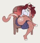  angstrom big_butt body_marks bottomwear breasts butt chair clothing denim denim_clothing denim_shorts dickgirl domestic_cat felid feline felis hair hi_res huge_butt intersex long_hair mammal shirt shorts solo thick_thighs topwear wide_hips 