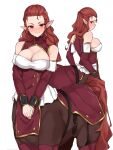  1girl bare_shoulders blush breasts centaur cleavage cowboy_shot detached_sleeves highres large_breasts long_hair long_sleeves looking_at_viewer monster_girl multiple_views original own_hands_together pointy_ears red_eyes red_hair taur todding underbust 