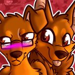  1:1 2019 anthro blep blush brown_fur brown_nose canid canine canis digital_media_(artwork) dobermann domestic_dog duo eyewear felisrandomis floppy_ears front_view fur glasses looking_at_viewer low_res male mammal pink_tongue pinscher puddle_(snoopy_mahan) red_background red_eyes shy simple_background smile snoopy_mahan tongue tongue_out 