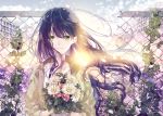  1girl black_hair blue_sky bouquet broken chain-link_fence cloud day fence flower green_eyes holding holding_bouquet jacket long_hair looking_at_viewer original outdoors plant seikai_meguru sky smile solo standing twitter_username upper_body very_long_hair vines yellow_jacket 