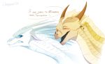  2019 bared_teeth blue_eyes blush digital_media_(artwork) dragon duo ear_piercing ear_ring ears_down ears_up eyes_closed feral horn icewing jewelry piercing pivoted_ears qibli_(wof) sandwing scar smile spines teeth text tongue tongue_out translation_request wings_of_fire winter_(wof) wrappedvi 