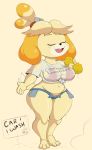  2019 3_toes animal_crossing anthro belly big_breasts biped blush breasts canid canine canis clothed clothing domestic_dog eyes_closed female front_view fur hair hi_res isabelle_(animal_crossing) mammal midriff navel nintendo open_mouth purple_yoshi_draws shih_tzu shirt short_stack simple_background slightly_chubby smile solo sponge standing thick_thighs toes topwear toy_dog translucent translucent_clothing video_games voluptuous water wet wet_clothing wet_shirt wet_topwear wide_hips yellow_fur 
