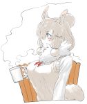  1girl alpaca_ears alpaca_suri_(kemono_friends) alpaca_tail animal_ear_fluff animal_ears cup extra_ears fur_collar grey_hair hair_bun highres kemono_friends long_sleeves medium_hair mug notora profile shirt simple_background solo steam tail upper_body vest white_background white_shirt 