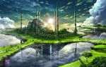  above_clouds bird building cathedral cloud cloudy_sky commentary_request day fantasy floating_island flock highres huge_filesize istanbul light_rays no_humans original outdoors palm_tree road scenery sky sun sunbeam sunlight tokyogenso tower tree water waterfall 