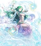  1girl armpits bangs bare_shoulders belt bracelet breasts dress fire_emblem fire_emblem:_kakusei fire_emblem:_monshou_no_nazo fire_emblem_heroes full_body gem green_eyes green_hair hands_up highres jewelry long_hair looking_away mamkute mayachise medium_breasts naga_(fire_emblem) navel non-web_source official_art pale_skin parted_bangs parted_lips pointy_ears sleeveless sleeveless_dress solo stomach tiara torn_clothes torn_dress transparent_background turtleneck 