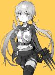  1girl bangs blush closed_mouth crescent crescent_moon_pin eyebrows_visible_through_hair greyscale hair_between_eyes hand_on_hip holding holding_weapon kantai_collection long_hair long_sleeves low_twintails monochrome navel neckerchief pleated_skirt remodel_(kantai_collection) sailor_collar satsuki_(kantai_collection) school_uniform serafuku skirt smile solo thighhighs tktr33 twintails weapon yellow_background 