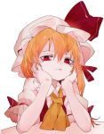  1girl blonde_hair closed_mouth commentary_request flandre_scarlet hair_between_eyes hands_on_own_cheeks hands_on_own_face hat hat_ribbon highres ikurauni looking_at_viewer mob_cap puffy_short_sleeves puffy_sleeves red_eyes red_ribbon ribbon short_sleeves simple_background solo touhou upper_body white_background white_headwear yellow_neckwear 